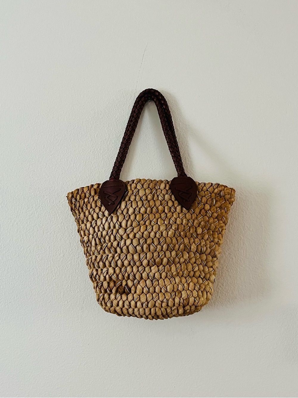 Woven Straw Tote Bag with Dark Brown Braided Handles